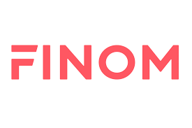 Rotes Logo mit Schriftzug „Finom“ auf weißem Hintergrund.