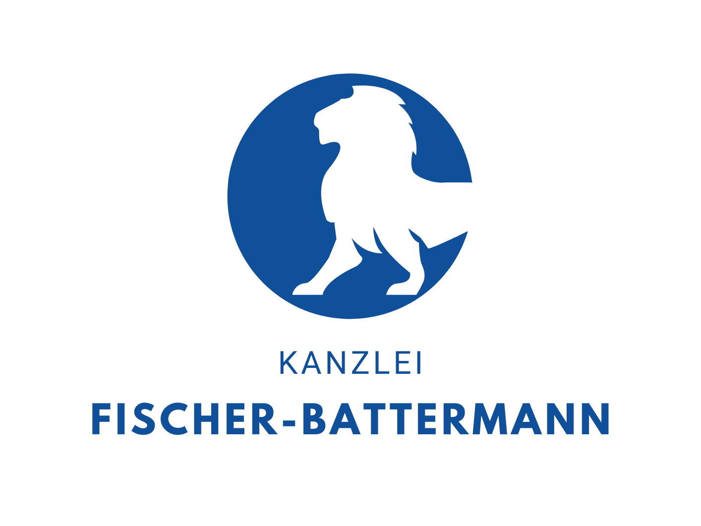 Blaues Löwenlogo mit Schriftzug „Kanzlei Fischer-Battermann“.